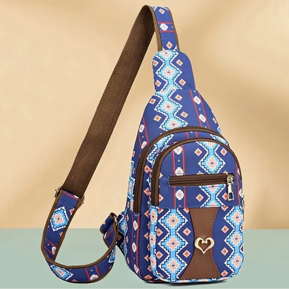 NEW: Stylish Bohemian Blue Patterned Women's Backpack small with a dust bag.